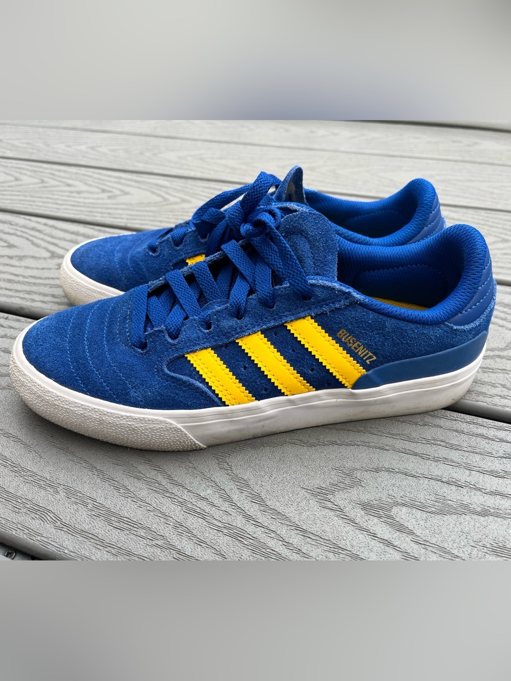 Adidas Busenitz Vulc II sneakers in Collegiate Royal and Bold Gold W7 M6